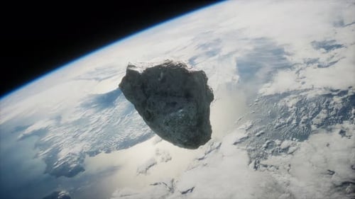 Large Asteroid Floating and Rotating in Orbit Above Earth