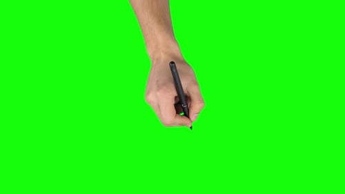 Male Hand with Liner Pen Is Writing on Green Screen Background. Close Up