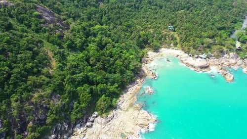 Aerial drone shot panorama of paradise tourist beach time by blue sea and clean sandy background of