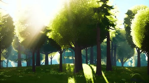 Cartoon Green Forest Landscape with Trees and Flowers