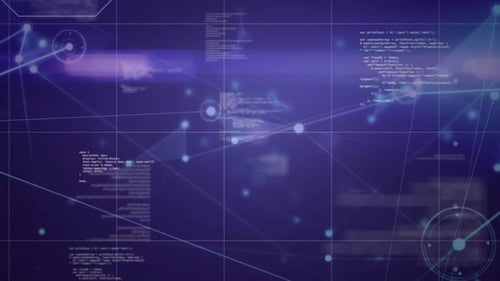 Network of data and connections on purple background