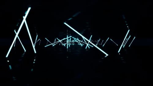Abstract Sci-Fi Tunnel with Moving Blue Neon Light Beams