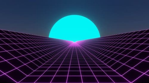 Abstract Retro Purple Neon Road with Blue Moon