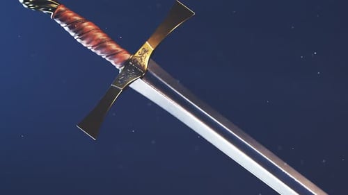 Sharp, shiny medieval steel sword against dark blue background. Knight weapon.