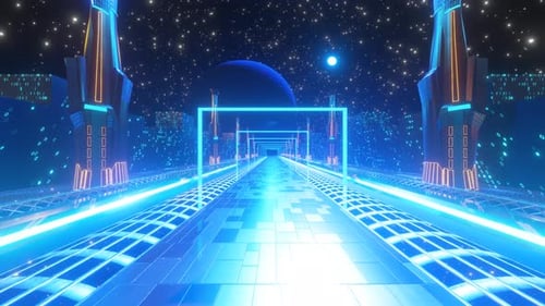 Vj loop. Night city road in the futuristic city. 80 Retro Background 3d render.
