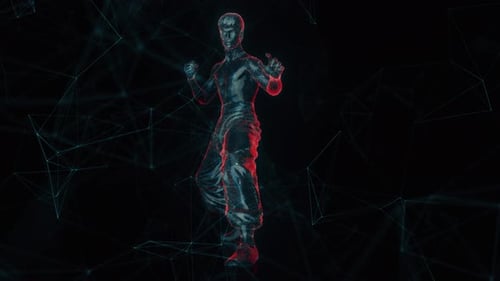 Futuristic Digital Human Figure in Martial Arts Pose