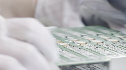 Macro footage of manual welding process in an electronics factory