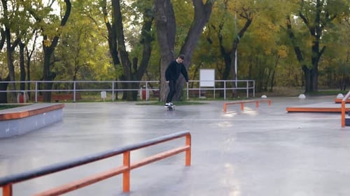 Extreme Skateboarder Grinding Down Rail Almost Falls but Jumps on His Feet