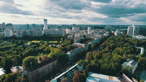 Luftaufnahme der Skyline von Metropolis City mit Wolkenkratzern, grünen Bäumen und Himmel