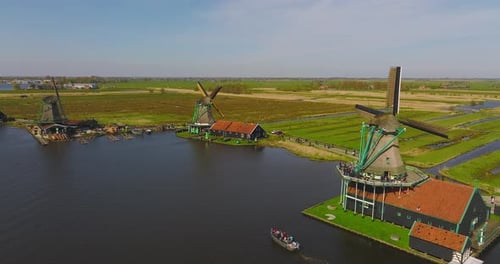 Old Dutch Wooden Windmills of Zaanse Schans, Aerial view.