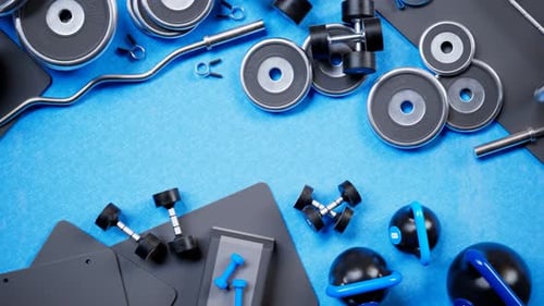 Aerial view on gym equipment. Sports gear necessary for a bodybuilding workout.