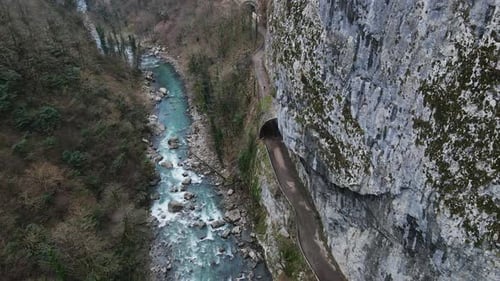 Abandoned Old Dangerous Road in a Narrow Gorge Along the Mzymta River