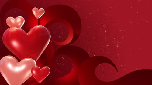 Glossy Red Hearts Floating Background with Glitter Particles