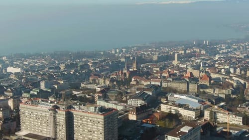Lausanne City and Lake Geneva. Vaud, Switzerland. Aerial View