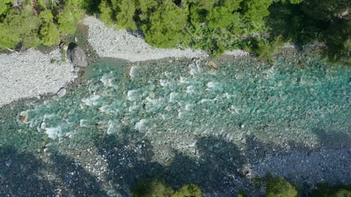 Drone Over Flowing Over Rocks In River