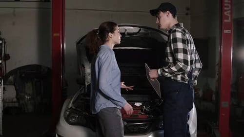 Cute Car or Automotive Technician Wearing Work Robe and a Cap is Meeting with His Female Clients and