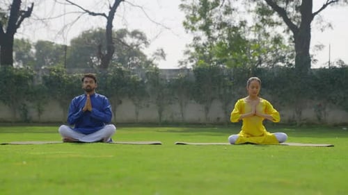 Couple Meditating Outdoors on Lawn
