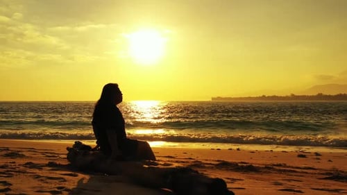 One girl suntans on perfect lagoon beach lifestyle by blue green ocean and white sandy background of
