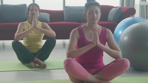 Two Women Meditating in Bright Home Living Room