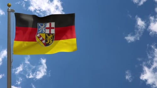 Realistic Waving Flag of Saarland Against Blue Sky