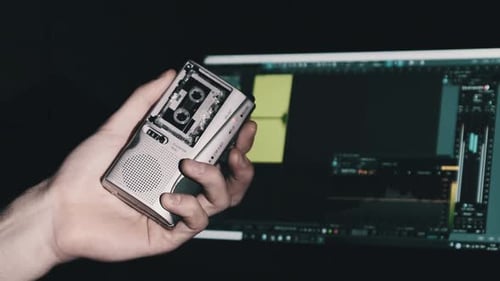 Portable Tape Recorder in Hand Records Sound or Interviews on a Mini Cassette