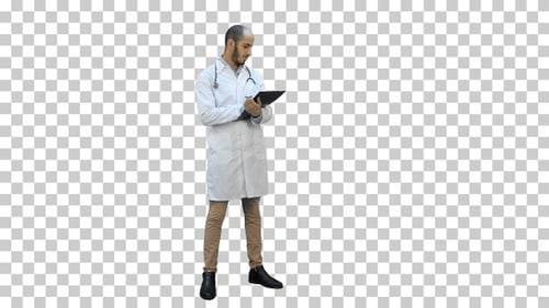 Male doctor wearing white coat filling, Alpha Channel