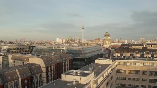 AERIAL: Low Over Berlin Central, Mitte with View on Alexanderplatz TV Tower on Beautiful Sunny Day