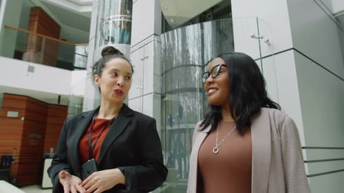 Multiethnic Businesswomen Walking in Office Center and Talking