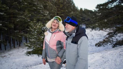 Romantic Winter Walk in Woods Grayhaired Spouses Spend Time Together Walking Outdoors in Forest