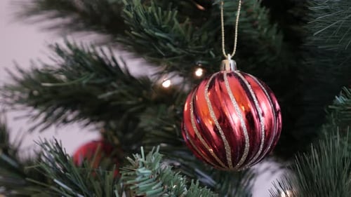 Colorful bauble on the branch 4K 2160p 30fps UltraHD footage - Reflecting ornament on Christmas tre