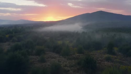 Fog Sun Mountains Field Smoke Dawn Sunset Summer