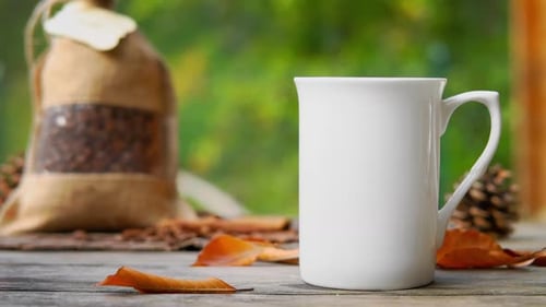 Autumn Coffee Still Life with Falling Leaves