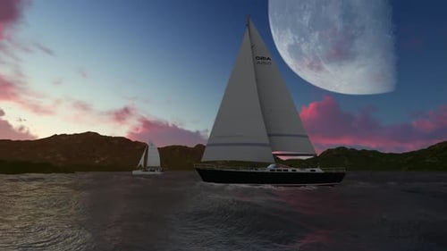 3D Sailboat Cruising on Ocean Under Full Moon and Sunset Sky