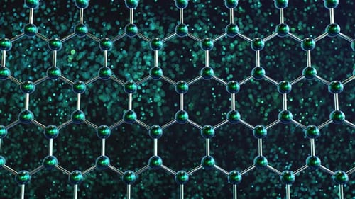 Structure en graphène bouclable. Lignes d'atomes de carbone avec des particules en arrière-plan