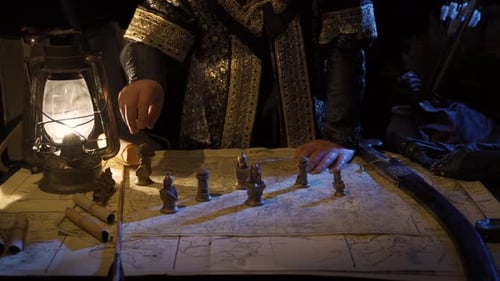 Strategist Moving Chess Pieces on Map by Lantern Light