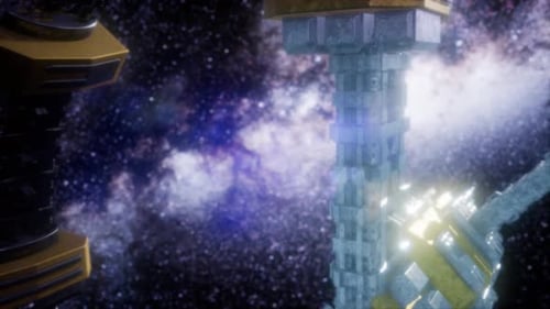 Futuristic Space Station Flying Through Deep Galaxy