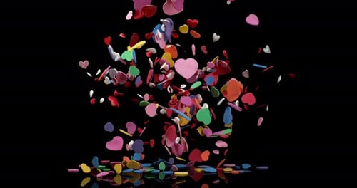 Hearts for Valentine's Day Party Exploding on Black Background, Slow Motion 4K