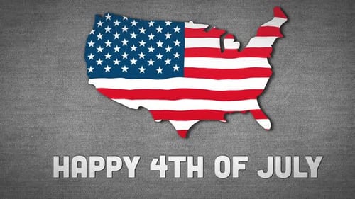 Animation einer US-Karte mit einer wehenden US-Flagge mit einem Text Happy 4th of July auf grauem Hintergrund