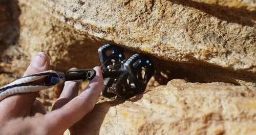 Alpinista tentando ajustar o equipamento de escalada 4k