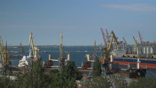 Industrial port with containers in import-export business logistic transportation of port