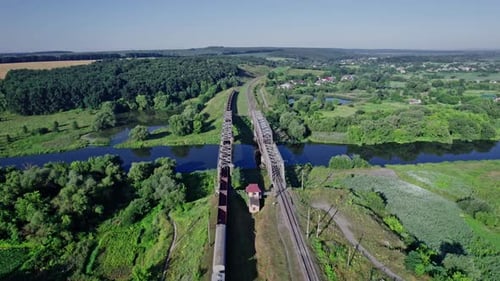 Railroad Bridge and River at Beautiful Sunlight in Summer