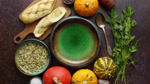 Fall Ingredients and Bread Overhead Still Life