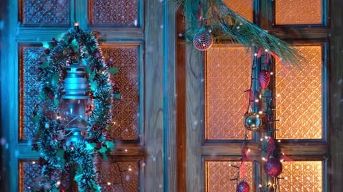 Festive Christmas Door with Ornaments and Snowfall
