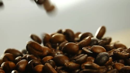 Coffee Close Up. Close Up of Seeds of Coffee. Beautiful Seeds of Coffee. Rotating and Falling Coffee