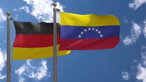 Realistic Waving Flags of Germany and Venezuela Against a Cloudy Sky