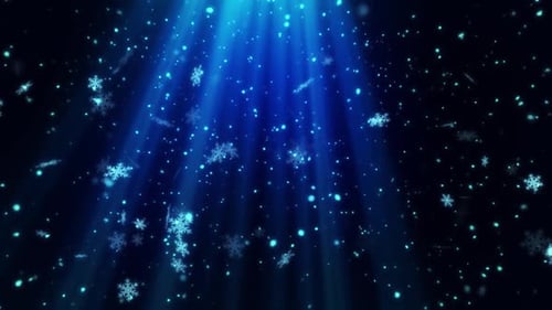 Elegant Falling Snowflakes with Blue Light Beams Background