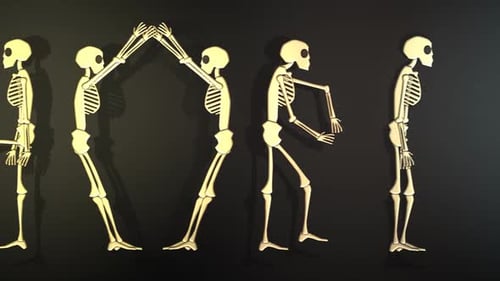 The human skeletons creating the Halloween word in a funny, creative way.