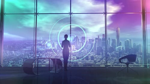 Business Lady und holographische Datenprojektion 4K
