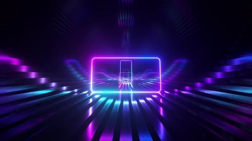 Sci-fi Tunnel with Neon Rounded Square. An Endless Flight Forward. Modern Neon Lighting. Seamless