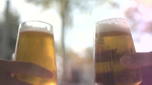 Celebration Beer Cheers Concept - Close Up Hands Holding Up Glasses of Beer of People Group in